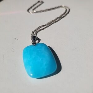 VintageVibrant  Blue Stone Pendant Necklace Blue Rectangular Cabochon Glass